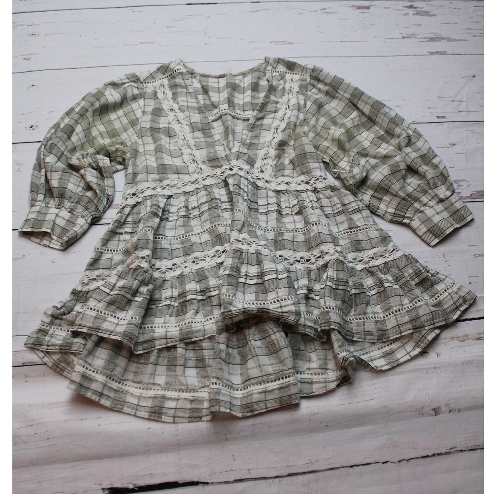Free People Plaid Crochet Lace Babydoll Tunic Top Olive Green Boho Tiered V-Neck